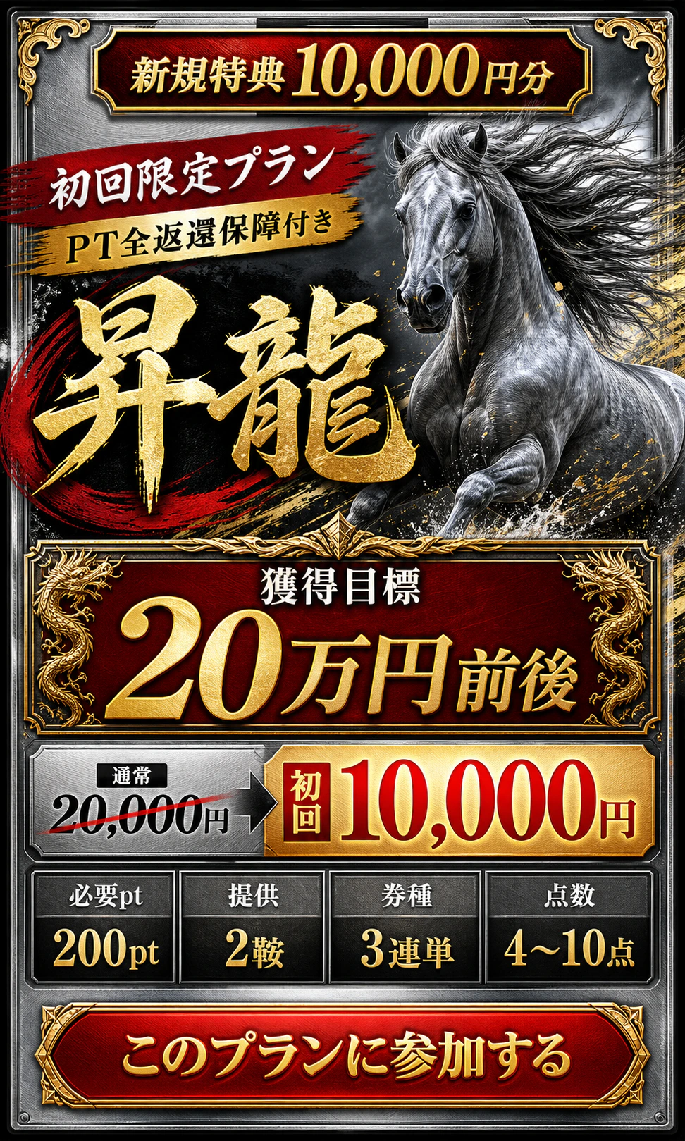 初回限定プラン昇龍。獲得目標20万円前後。200pt、2鞍、3連単4〜10点。初回10,000円。