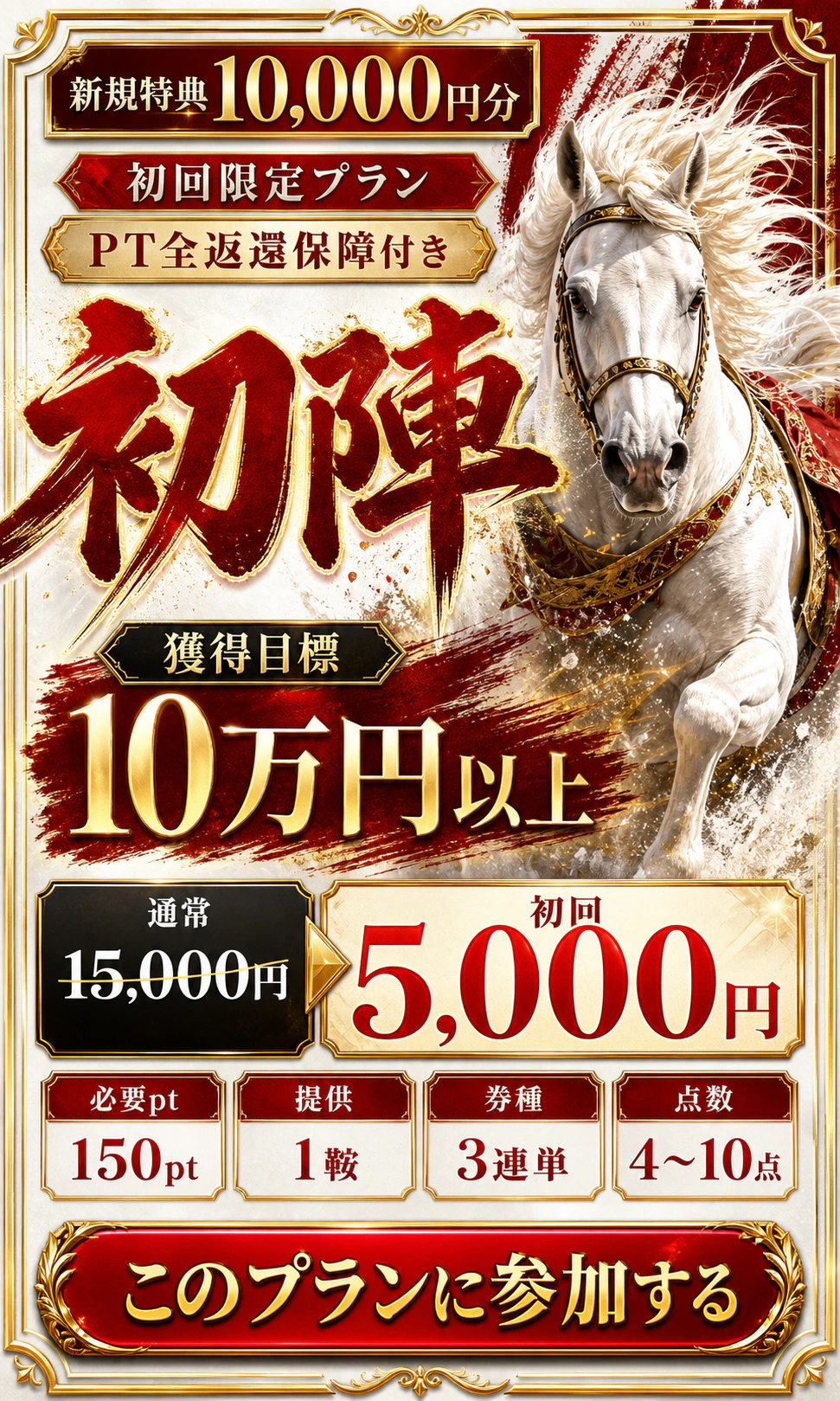 初回限定プラン初陣。獲得目標10万円以上。150pt、1鞍、3連単4〜10点。初回5,000円。