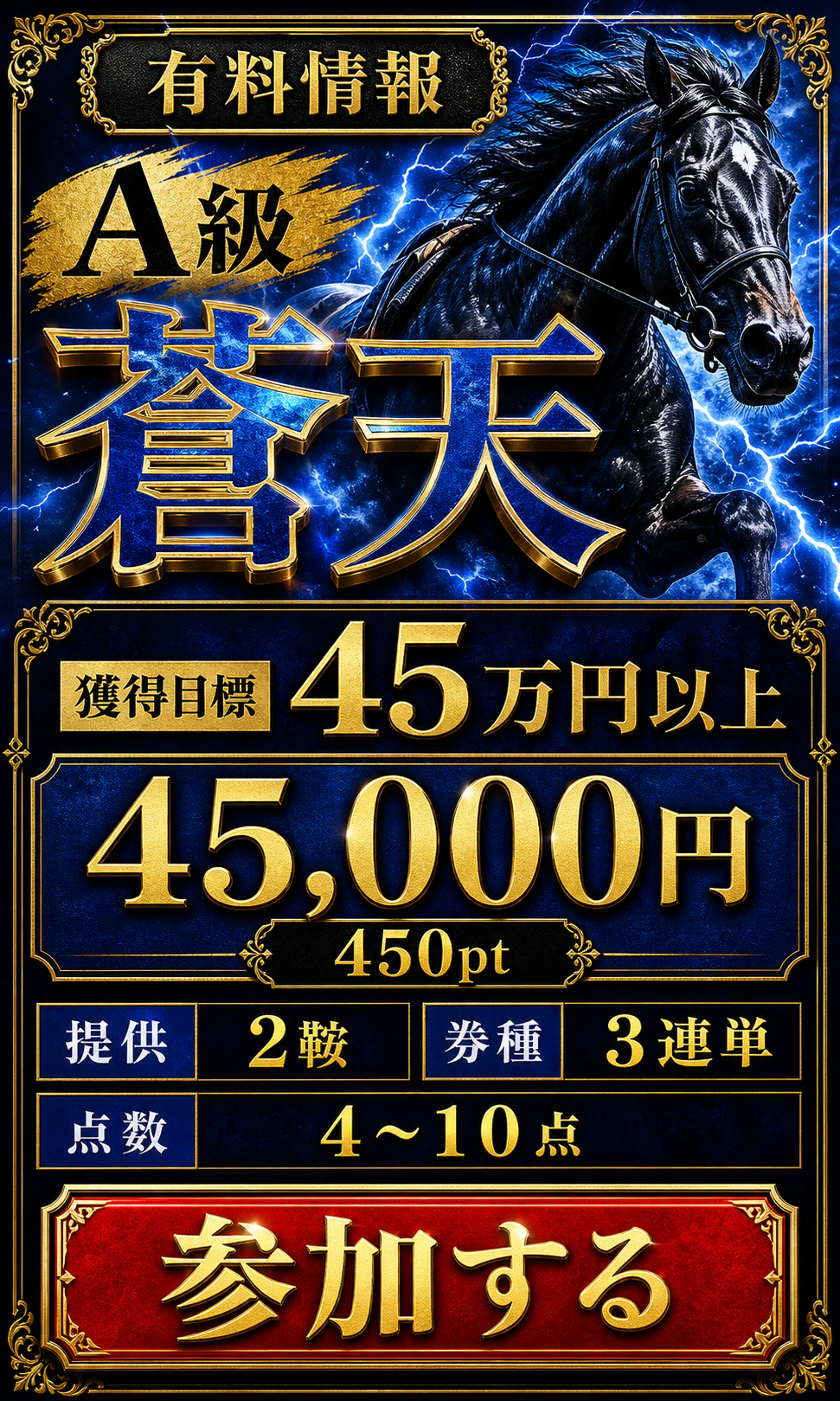 有料情報蒼天。獲得目標45万円以上。45,000円、450pt、2鞍、3連単4〜10点。