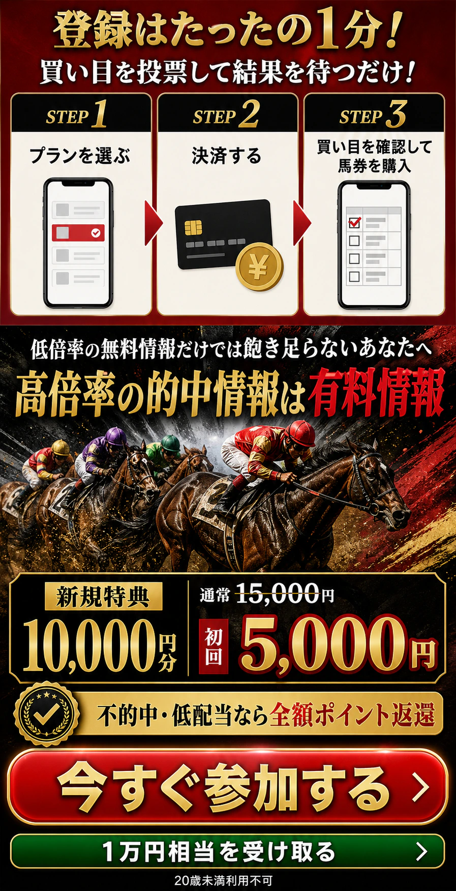 3ステップで購入。高倍率の的中情報は有料情報。新規特典1万円分、初回5,000円、全額ポイント返還。