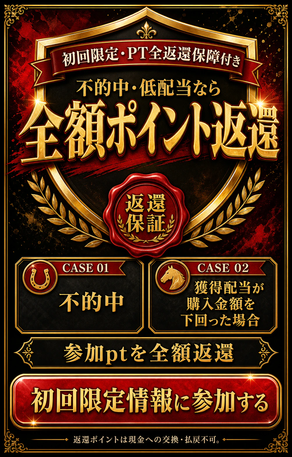 初回限定。不的中または獲得配当が購入金額を下回った場合、参加ポイントを全額返還。