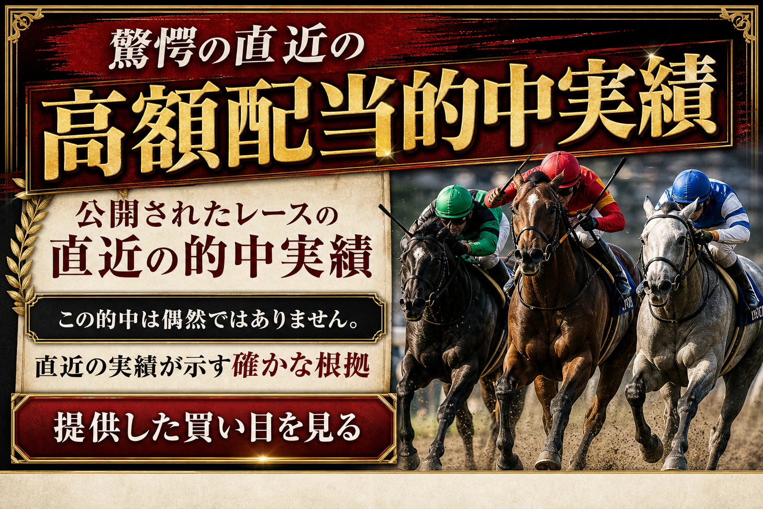 驚愕の直近の高額配当的中実績。公開されたレースの直近の的中実績。